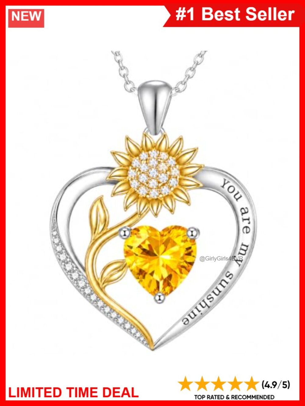 925 Sterling Silver Sunflower Heart Pendant Necklace with Citrine